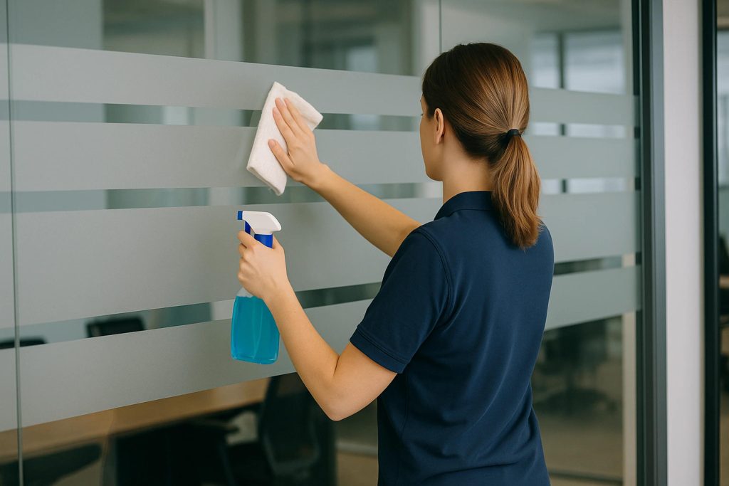 Professionelles Entfernen einer Glasdekorfolie von einer Glaswand