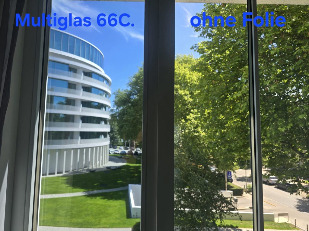 Professionell montierte Sonnenschutzfolie Solarscreen Multiglas 66C auf Fenstern mit leichter Tönung